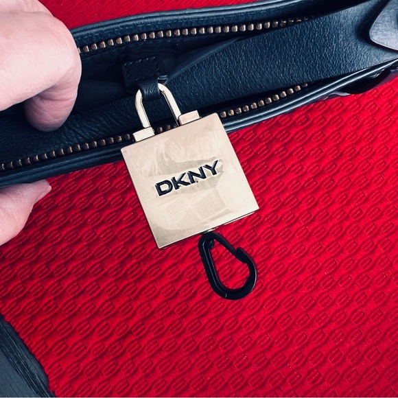 Vintage DKNY Donna Karan Small Black Leather Clutch Bag with Gold Detailing